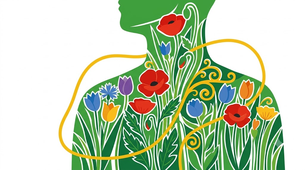Flat vector folk-art illustration of a simplified human neck and chest with an implanted vagus nerve stimulator, surrounded by stylised blooms and foliage on a white background.