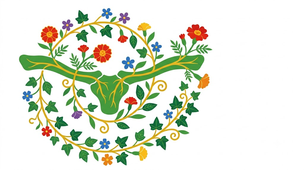 A flat folk-art vector illustration of a collarbone with marigolds and ivy winding in a wide spiral around it.