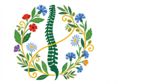 A flat folk-art vector illustration of a human spine framed by stylised flowers, leaves and curling vines on white.