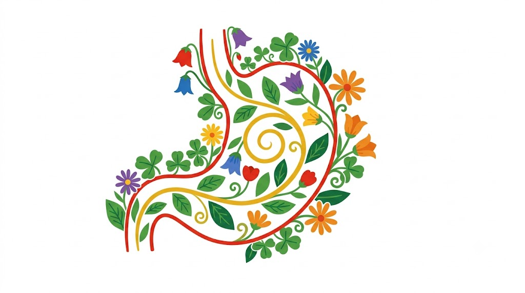 A flat folk-art vector illustration of a human stomach edged with stylised flowers and a golden vine.