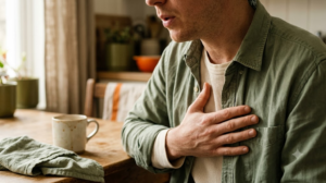 A person pressing a flat palm just below their breastbone while breathing out, in a warm, lived-in room.