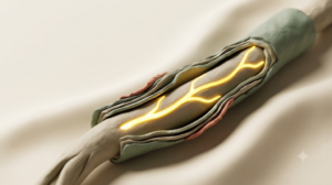 A sculpted matte clay nerve fibre with a frayed myelin sheath, marked by one bright golden light element.
