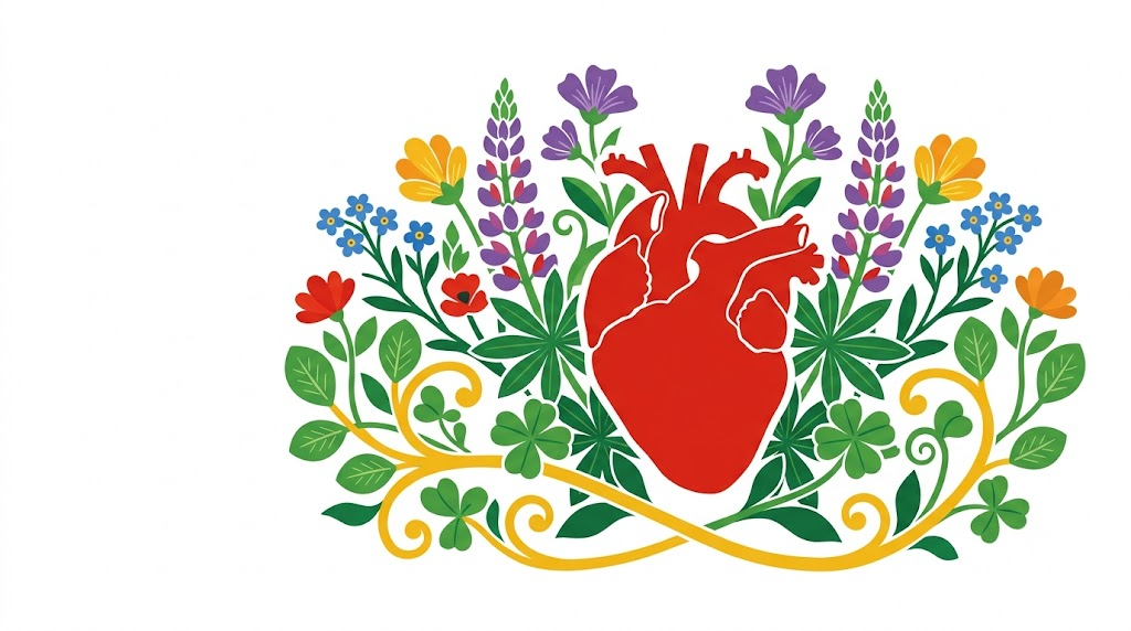 A flat folk-art vector illustration of a human heart and blood vessels framed by stylised flowers on white.