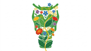 A flat folk-art vector illustration of a human larynx filled with marigolds and broad veined leaves.