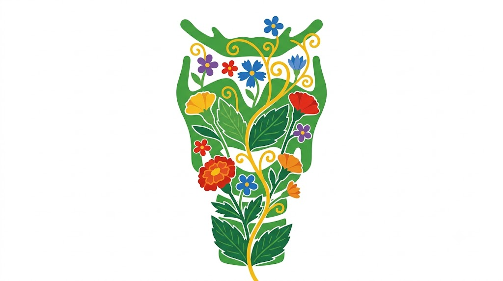 A flat folk-art vector illustration of a human larynx filled with marigolds and broad veined leaves.