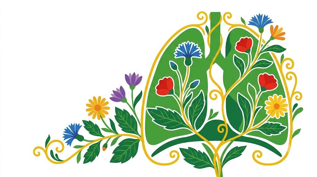Flat vector folk-art illustration of a pair of lungs above a curved diaphragm, surrounded by stylised blooms and foliage on a white background.
