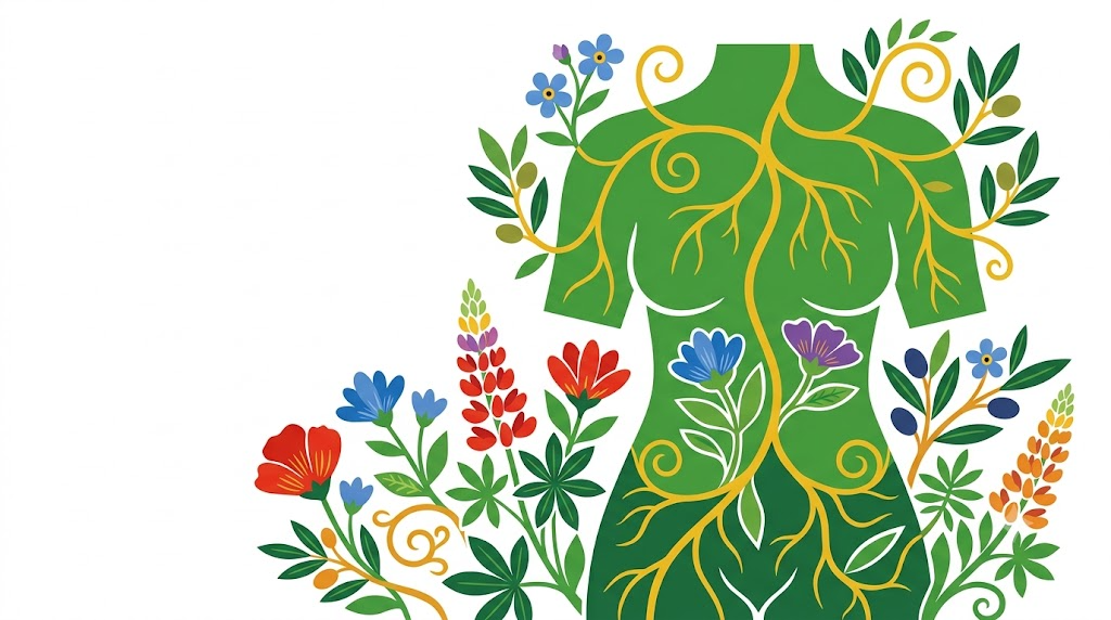 A flat vector folk-art illustration of a human torso surrounded by stylised flowers and a golden vine on a white background.
