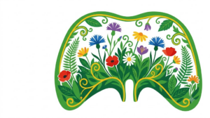 A flat folk-art vector illustration of a human diaphragm filled with cornflowers, daisies and fern fronds.