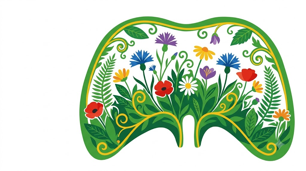 A flat folk-art vector illustration of a human diaphragm filled with cornflowers, daisies and fern fronds.