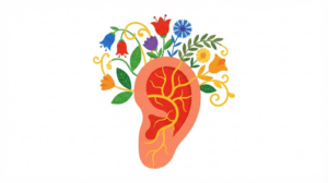 A flat vector folk-art illustration of a human inner ear with stylised flowers and leaves on a white background.