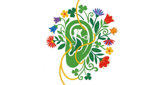 A flat folk-art vector illustration of a human middle ear framed by stylised flowers and vines on white.