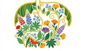 A flat folk-art vector illustration of a human stomach and diaphragm framed by stylised flowers and vines on white.