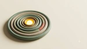 Flat clay sculpture of nested sage and putty concentric rings with a bright golden glow radiating from the centre.