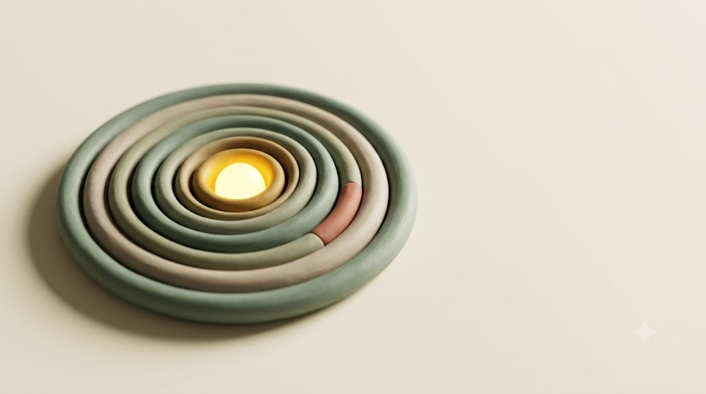 Flat clay sculpture of nested sage and putty concentric rings with a bright golden glow radiating from the centre.