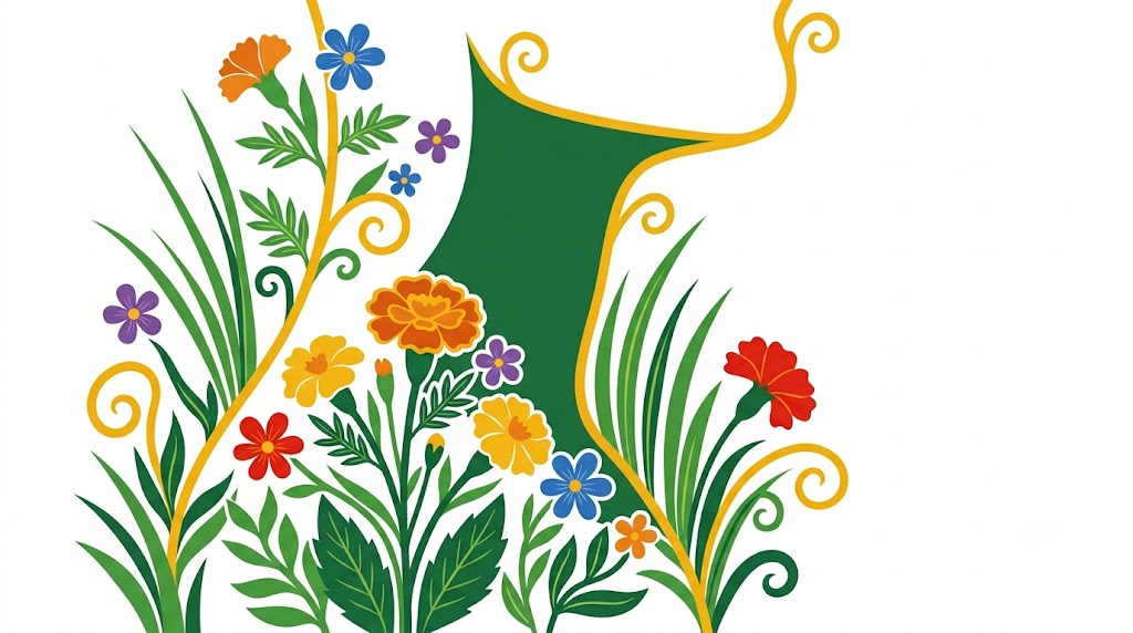 A flat folk-art vector illustration of a human neck in profile framed by stylised flowers and vines on a white background.