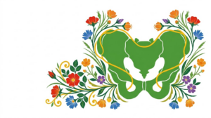 A flat folk-art vector illustration of a human pelvis between sprays of wild roses and buttercups.