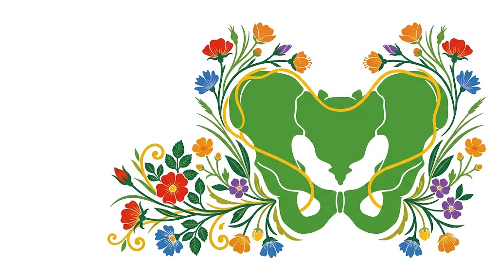 A flat folk-art vector illustration of a human pelvis between sprays of wild roses and buttercups.