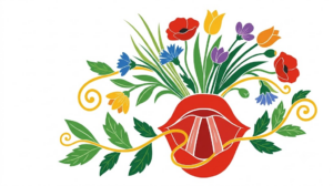Flat vector illustration of a larynx and vocal cords framed by folk-art blooms.