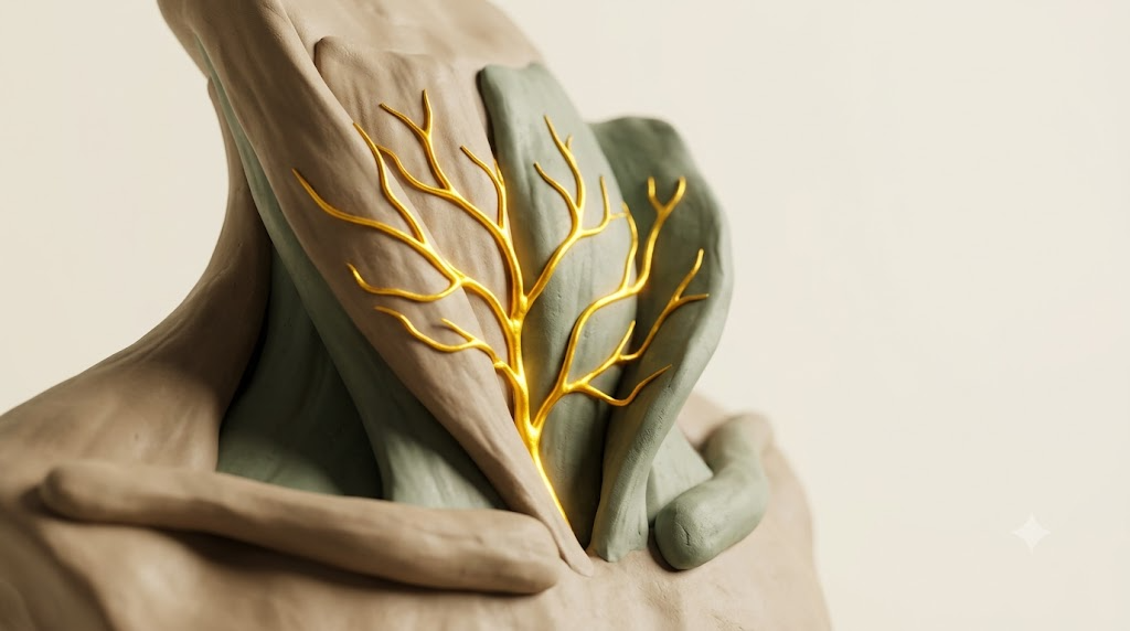 A sculpted matte clay sternocleidomastoid neck muscle, marked by one bright golden light element.