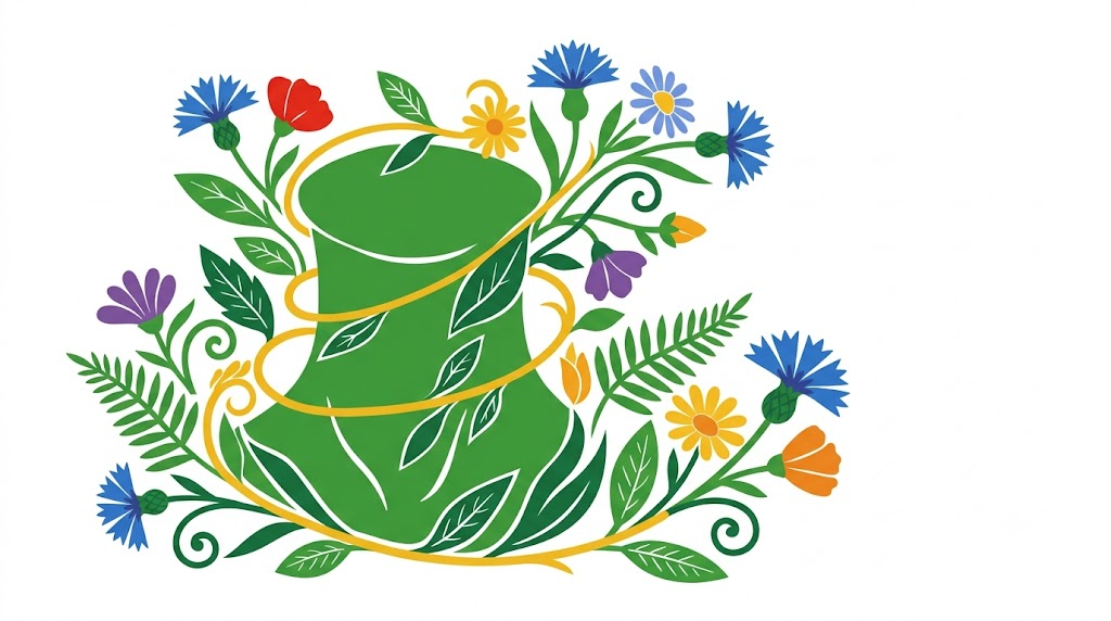 A flat folk-art vector illustration of a human throat framed by stylised flowers and curling vines on white.