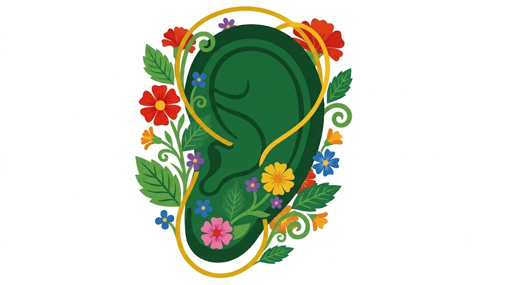 A flat folk-art vector illustration of a human ear silhouette against marigolds, blossoms and broad leaves on a white background.