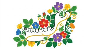 A flat vector illustration of a human jawbone surrounded by folk-art botanicals.