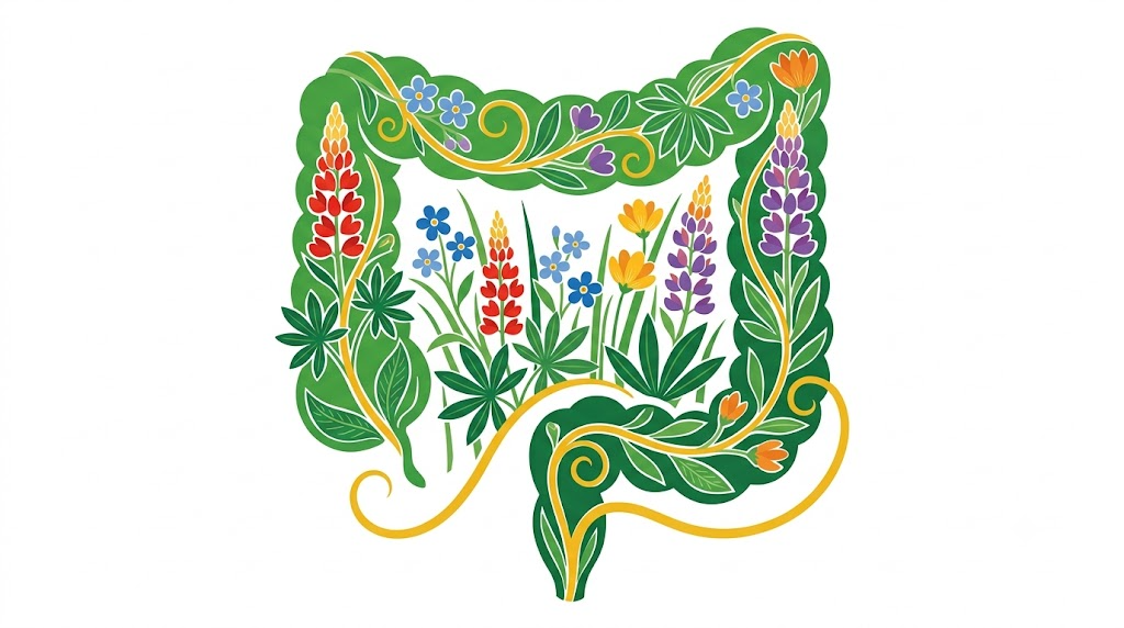 A flat vector folk-art illustration of a human colon surrounded by stylised flowers and a golden vine on a white background.