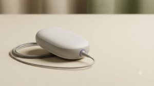 A small unbranded oval nerve stimulator with a thin coiled lead wire on a matte cream surface.