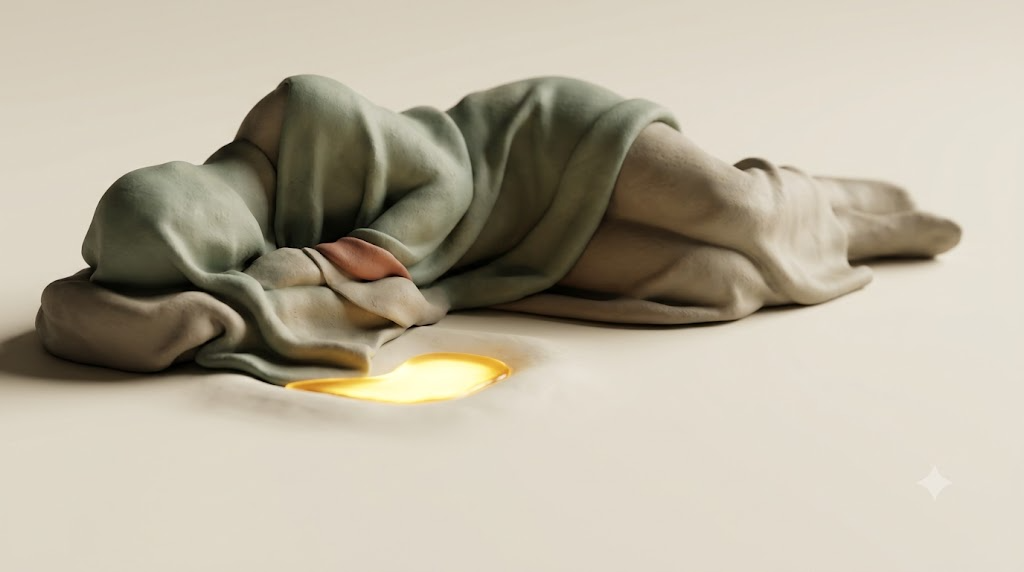 A soft matte clay render of a resting human figure under a draped cloth over an unseen form, with a single bright golden light element.