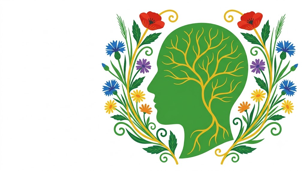 A flat folk-art vector illustration of a human head in profile with golden branching lines inside, framed by stylised poppies and cornflowers on a white background.