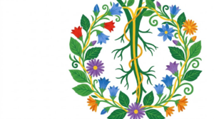 A flat folk-art vector illustration of a branching vagus nerve encircled by bellflowers and asters.