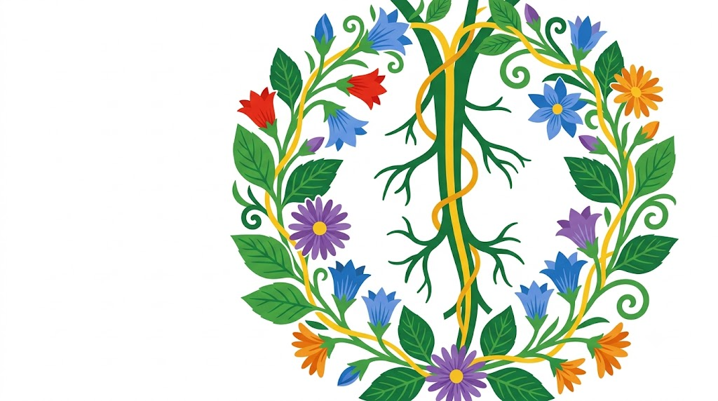 A flat folk-art vector illustration of a branching vagus nerve encircled by bellflowers and asters.