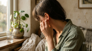A person reaching up to touch a small piercing in the inner fold of their ear at a sunlit windowsill.