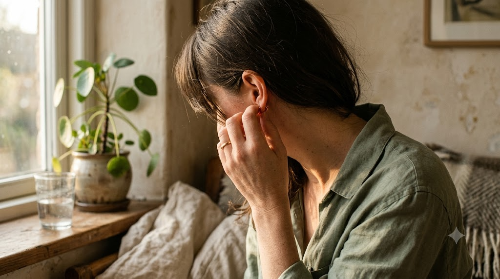 A person reaching up to touch a small piercing in the inner fold of their ear at a sunlit windowsill.