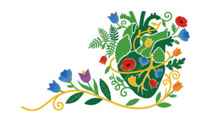 A flat folk-art vector illustration of a human heart among stylised flowers and curling vines on a white background.
