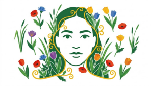 Flat vector illustration of a face seen from the front, framed by folk-art flowers and foliage.