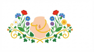 A flat vector folk-art illustration of a human navel with stylised flowers and leaves on a white background.
