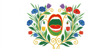 A flat folk-art vector illustration of a human jaw and open mouth framed by stylised flowers and vines on white.