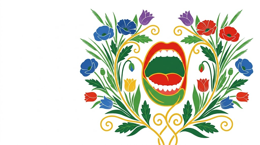 A flat folk-art vector illustration of a human jaw and open mouth framed by stylised flowers and vines on white.