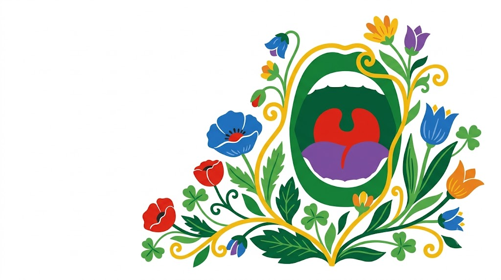 A flat vector folk-art illustration of a wide open yawning mouth with stylised flowers climbing around it.