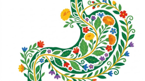 A flat folk-art vector illustration of a human stomach decorated with stylised flowers, leaves and a golden vine on a white background.