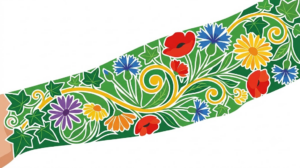 A flat folk-art vector illustration of a forearm filled edge to edge with cornflowers, daisies and ivy.