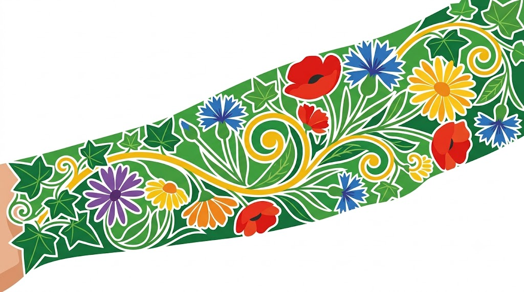 A flat folk-art vector illustration of a forearm filled edge to edge with cornflowers, daisies and ivy.