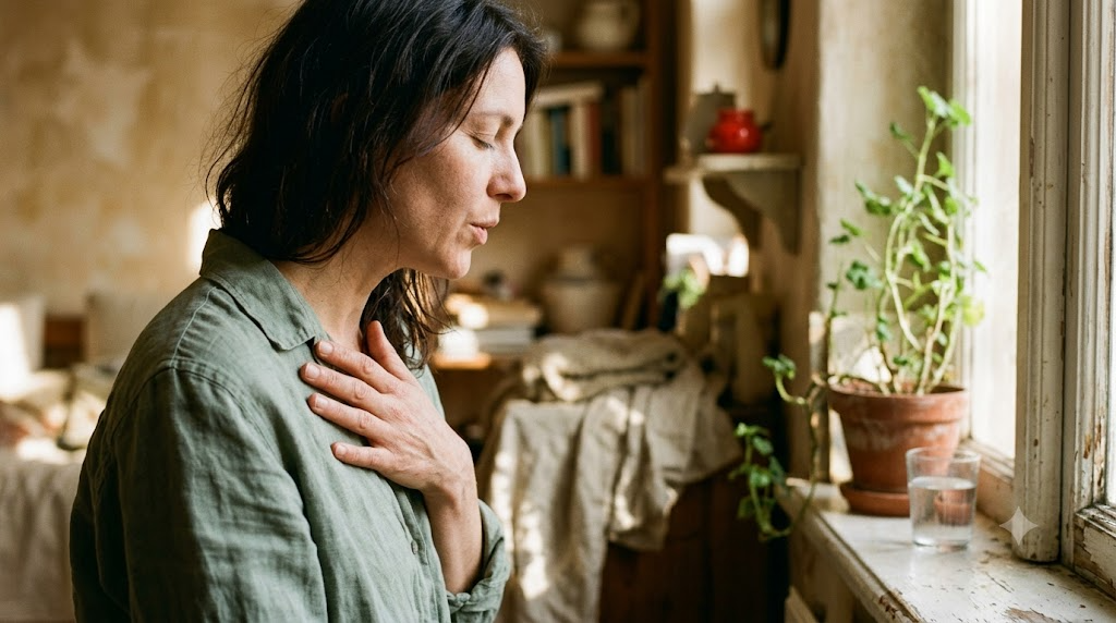 A woman in profile with her eyes closed humming with one hand flat on her chest by a windowsill in early morning light.