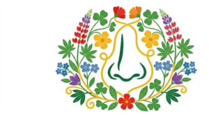A flat folk-art vector illustration of a human nose encircled by a wreath of lupins, forget me nots and clover.
