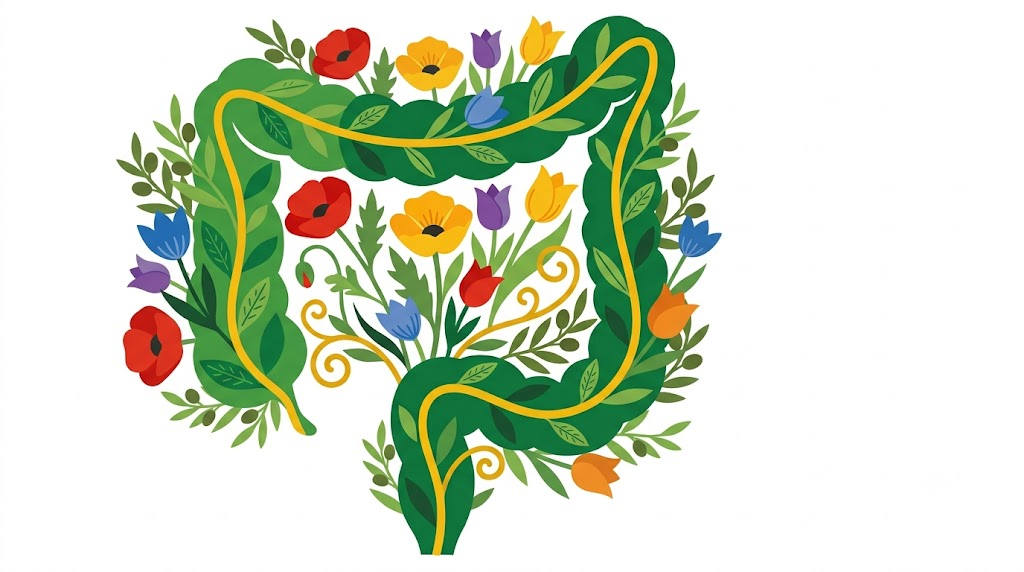 A flat folk-art vector illustration of a human lower bowel silhouette against poppies, tulips and olive sprigs.