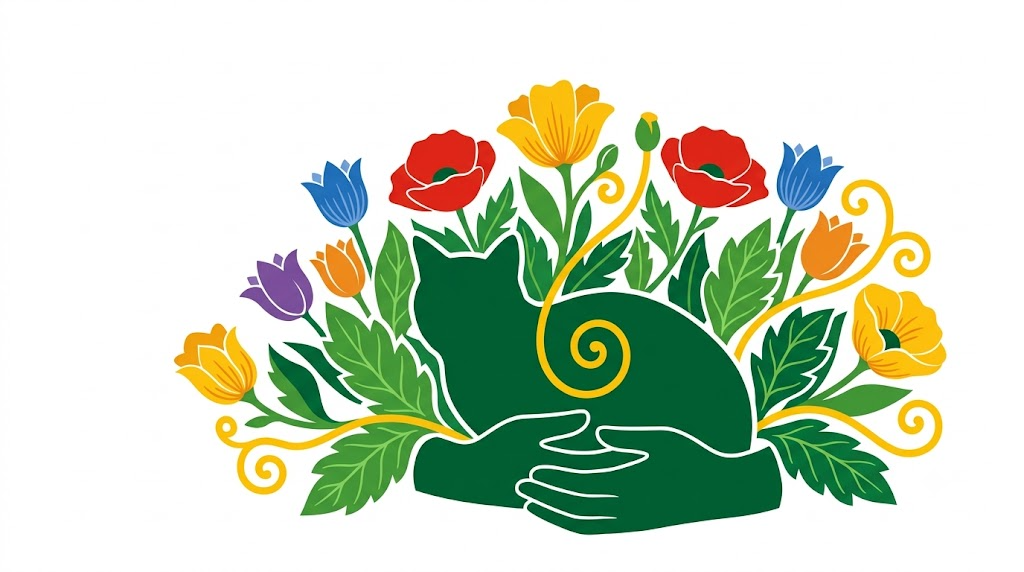Flat vector folk-art illustration of a pair of hands cradling a cat, surrounded by stylised blooms and foliage on a white background.