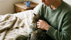 A person on rumpled bed linen slowly stroking a cat curled against their chest in soft side light.