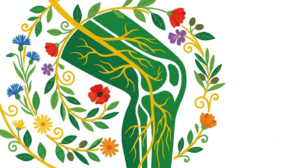 A flat folk-art vector illustration of a human knee joint framed by stylised flowers and vines on a white background.