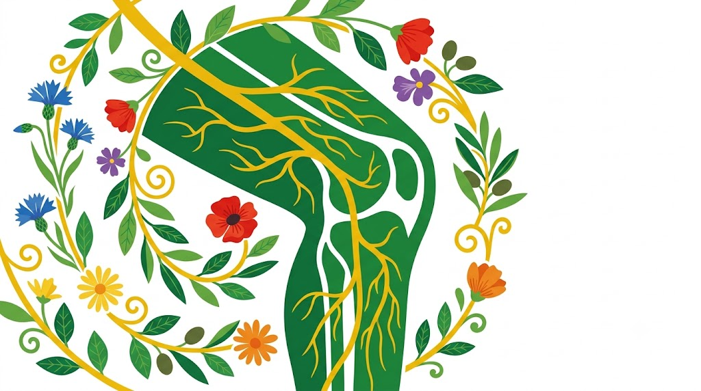 A flat folk-art vector illustration of a human knee joint framed by stylised flowers and vines on a white background.